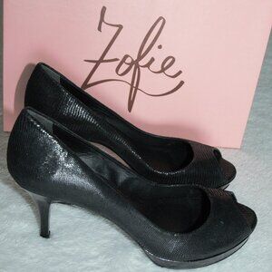 Zofie Lucia Platform Peep Toe Pump Black Raindrop Suede for Women